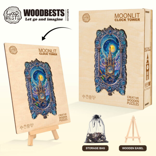 Moonlit clock tower Wooden Jigsaw Puzzle - Image 5