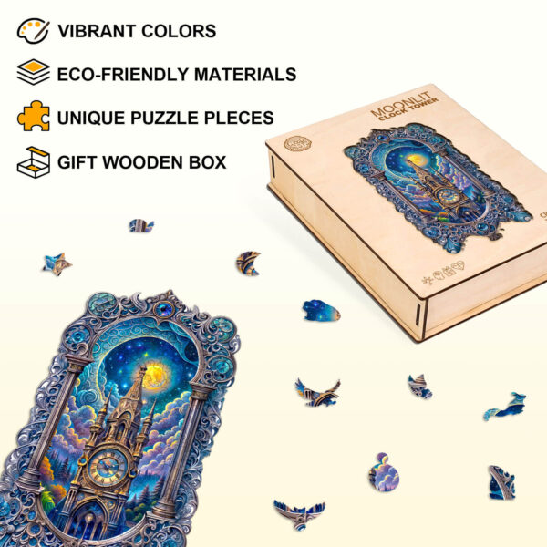 Moonlit clock tower Wooden Jigsaw Puzzle - Image 3