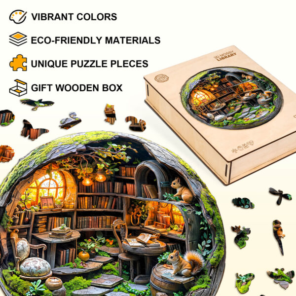 3D Mossy Library Wooden Jigsaw Puzzle - Image 4